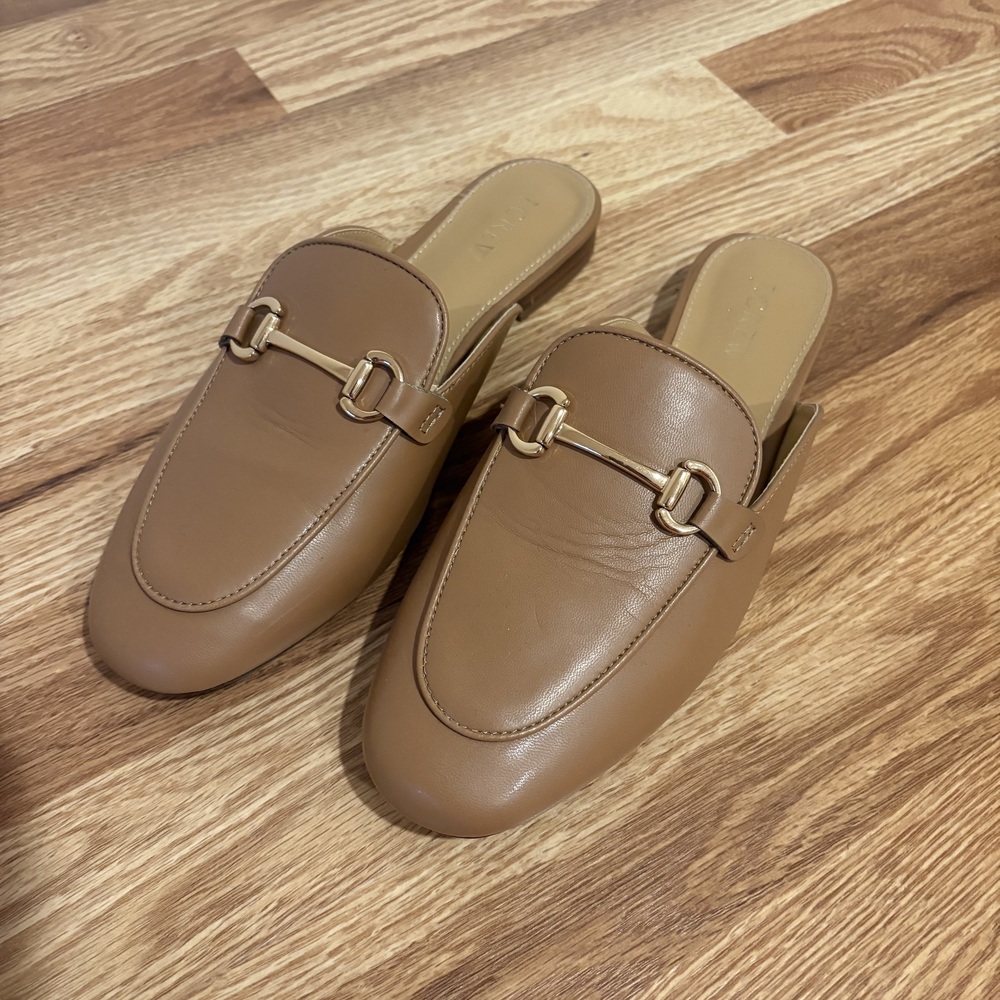 J. Crew Like New Leather Loafer Mules with Gold Buckle